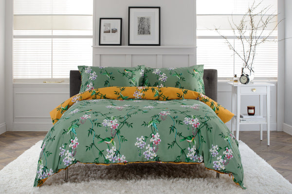 Bird Garden Cotton Rich Duvet Cover Set Sage & Gold