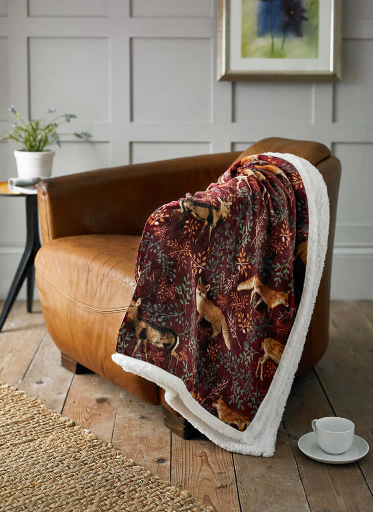Fox and Deer Mulberry Sherpa Throw