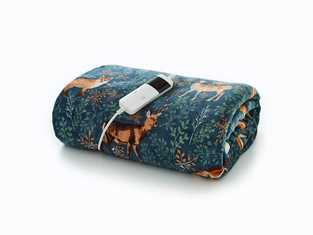 Fox and Deer Teal Heated Sherpa Throw – 140x180cm