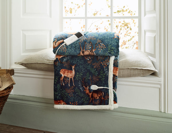 Fox and Deer Teal Heated Sherpa Throw – 140x180cm