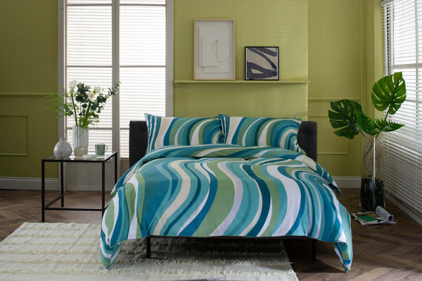Smith Wave Green Cotton Duvet Set with Fabric Bag