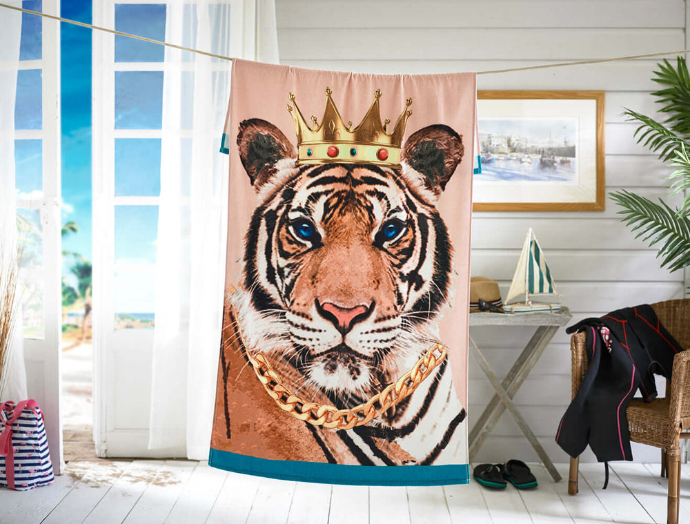 Tiger Printed Cotton Velour Beach Towel 90x180cm